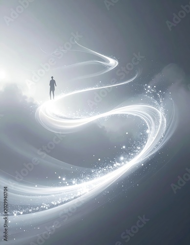Solitary figure journeys on luminous ethereal path through misty clouds