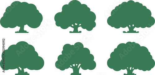 Valokuva Simple green tree silhouette vector collection, minimalist forest nature icon se
