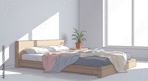 Bed with blankets and pillows in a minimalist room with a plant transparent background