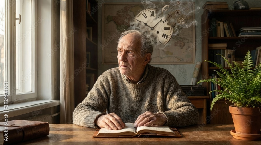 Fototapeta premium Elderly man experiences a difficult moment with memory loss, brain awareness concept depicting cognitive decline, time perception fading, mental confusion, forgetfulness symptom.