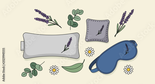 Foto Relaxation set with lavender, eucalyptus, chamomile, and eye mask