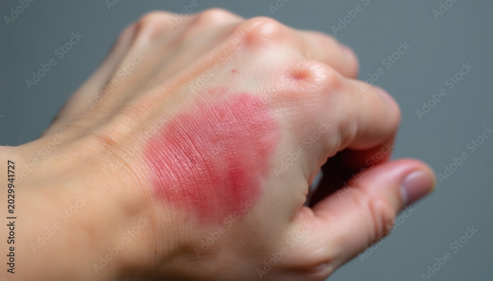 Naklejka premium Red skin patch on human hand shows irritation. Close-up view reveals inflamed texture and sensitive reaction. Medical check-up for allergy or skin condition.