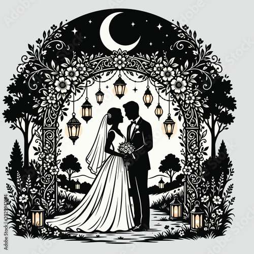 Wedding Couple in Floral Archway Illustration