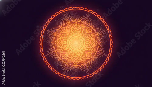 Fotografía Glowing Orange Mandala Design on Dark Purple Background