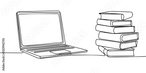 laptop and stacked books on a desk    continuous one line drawing, laptop and stacked books on a desk    continuous one line drawing