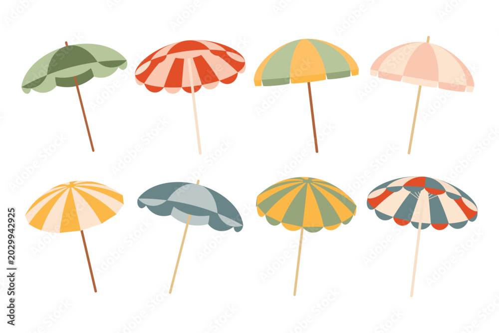 Obraz premium Set of colorful beach umbrellas isolated on white background. Summer icons.