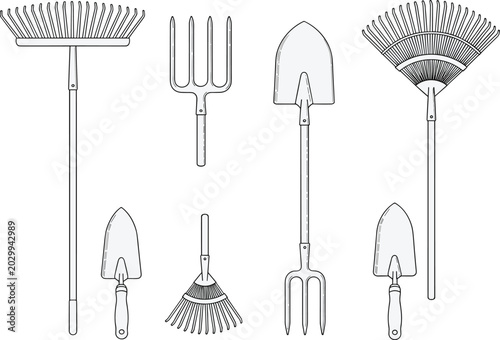Foto Garden tools line art vector set featuring rakes pitchforks shovels and hand tro