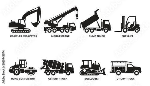 Black silhouette icon set of heavy construction machinery and industrial vehicles