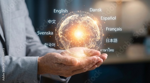 Human hand holding glowing digital globe with diverse languages around