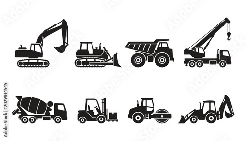 Heavy construction equipment icons for building sites and industrial development