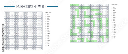 Father's Day word search puzzle with solution grid  