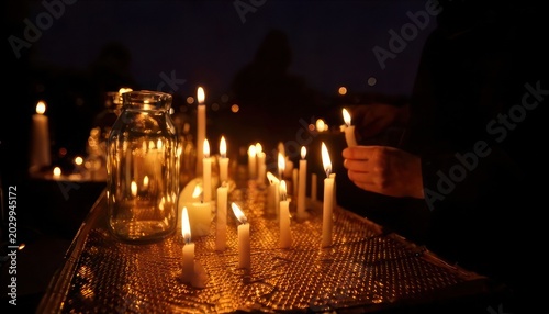 Candles burning brightly in the dark, creating a warm glow.