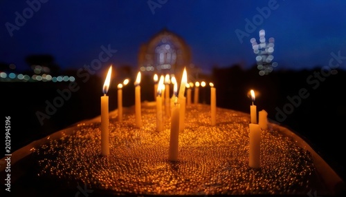 Candlelit vigil at night with glowing flames and dark background.
