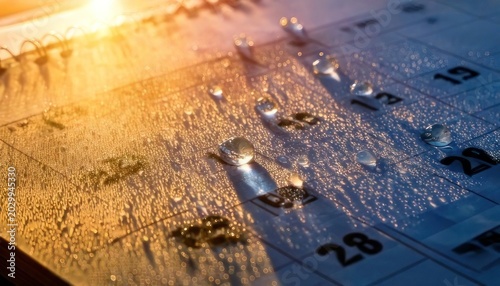 Calendar page with water droplets reflecting light and time.
