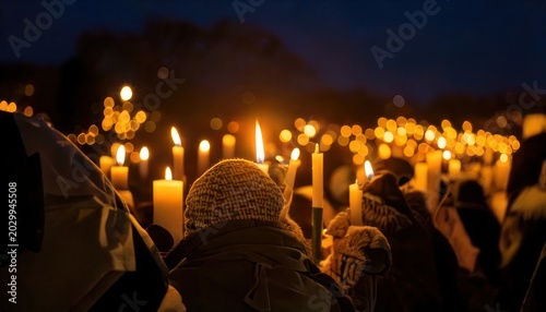 Candlelight vigil illuminates the night with warmth and hope.