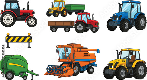Konstfotografi Cartoon farm machinery illustrations with tractors, combine harvester, baler, tr