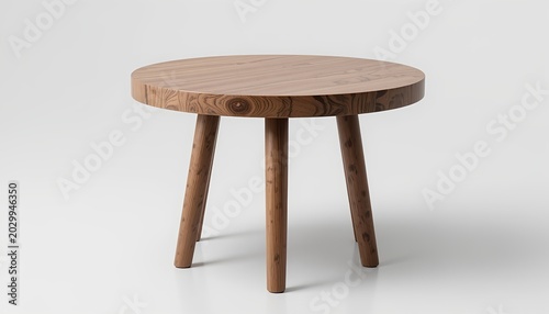 Minimalist round wooden side table with smooth walnut finish and tapered legs, isolated on transparent background, modern Scandinavian furniture design, realistic studio lighting