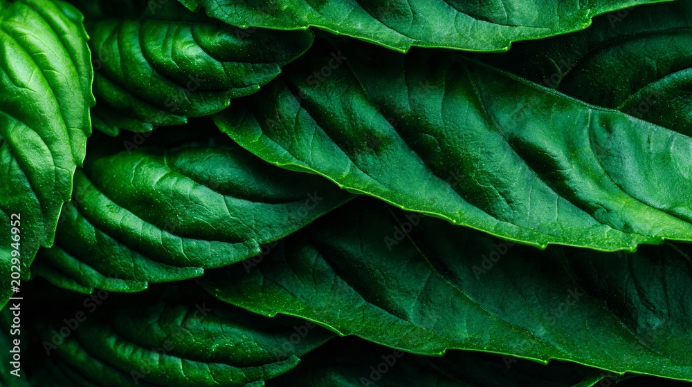 Obraz premium A detailed close up of basil leaves stacked together, highlighting texture, edges, and vibrant color