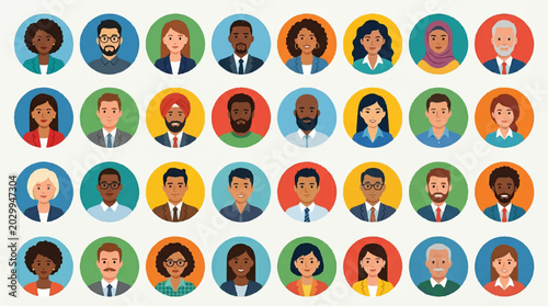 Diverse People Avatar Circle Portrait Flat Design Character Set Vector