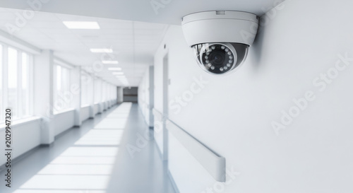 Hospital security camera mounted on ceiling in bright corridor, surveillance and safety in healthcare facility