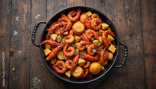 A rustic seafood boil platter filled with shrimp, crawfish, corn, potatoes, and spices served in a black bowl on a weathered wooden table, vibrant colors, top view food photography