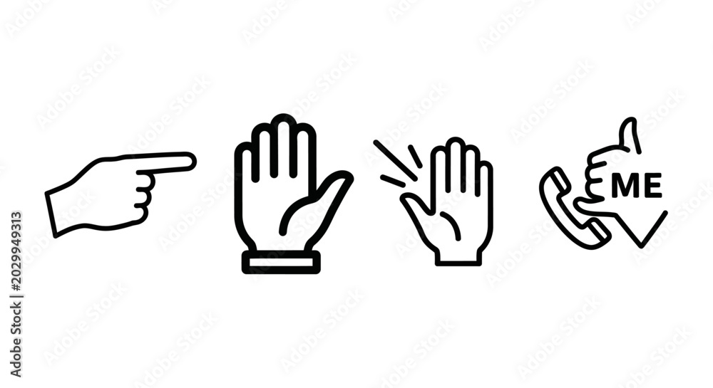 Fototapeta premium Collection of hand gesture icons: pointing, stop, waving hello, and call me
