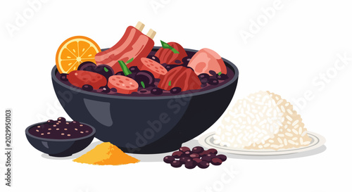 Feijoada Brazilian National Dish with Rice and Orange Slice Illustration