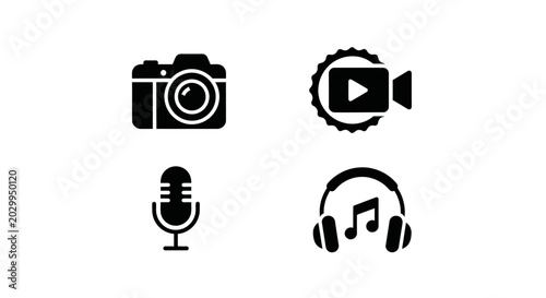 Digital Media Icons: Camera, Video, Microphone, Headphones - Vector Art