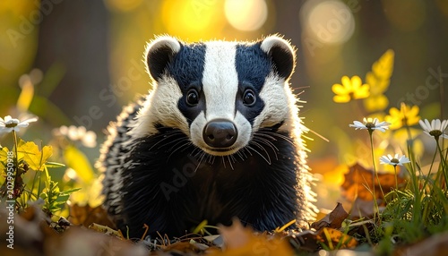 Captivating Badger Portrait Amidst Autumnal Foliage and Floral Splendor.