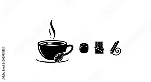 Hot Coffee Cup with Chocolate, Cinnamon, and Cocoa Bean Icons