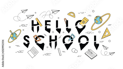 Obraz na płótnie Back to School Fun: Whimsical graphic elements and hand-drawn illustrations adorn the words Hello School, creating a vibrant and engaging visual for the start of a new academic year
