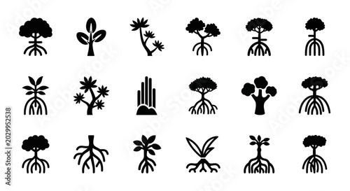 Mangrove Tree Icons Set - Silhouette Collection of Coastal Plants