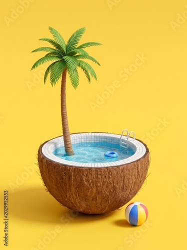 Coconut swimming pool fun tropical paradise digital art vibrant colors playful scene