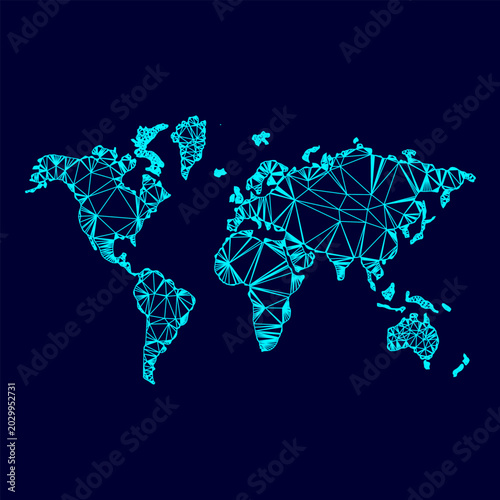 Billede på lærred World map low poly triangulation triangulated polygonal electric cyan blue vibra