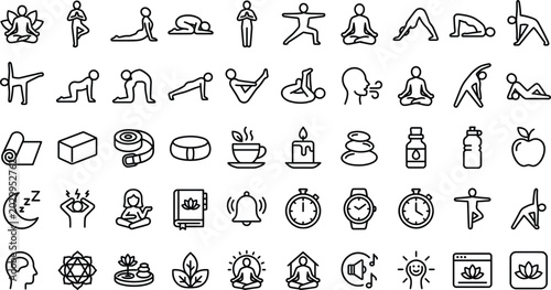 Yoga and Mindfulness Minimal Line Icons Collection – Wellness Outline Vector Set