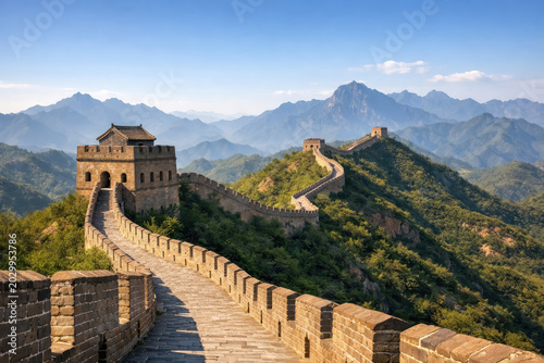 The wall of china winding over lush green mountain ridges under a clear blue sky during a sunny day with ancient stone watchtowers