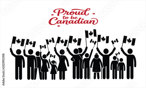 Proud to be canadian silhouette graphic with people waving flags