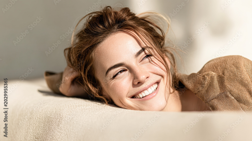Fototapeta premium A young woman with tousled hair smiles brightly while relaxing on a soft surface in natural light.
