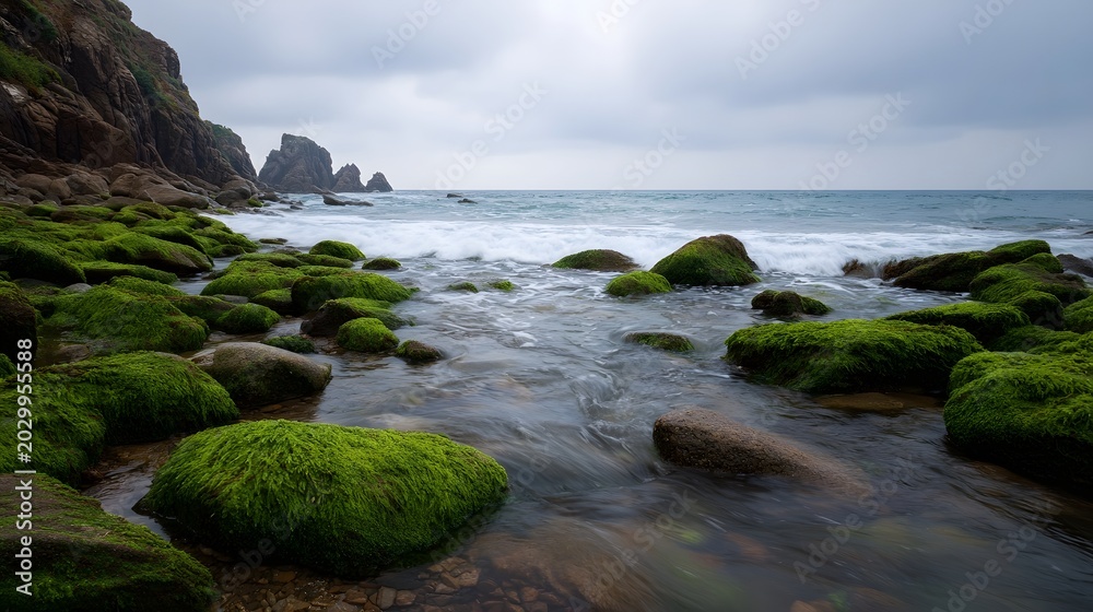 Obraz premium Dramatic coastal landscape featuring rugged sea stacks and cliffs under a moody overcast sky
