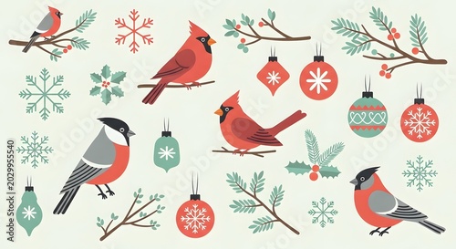 Festive Christmas Birds and Ornaments Holiday Pattern.