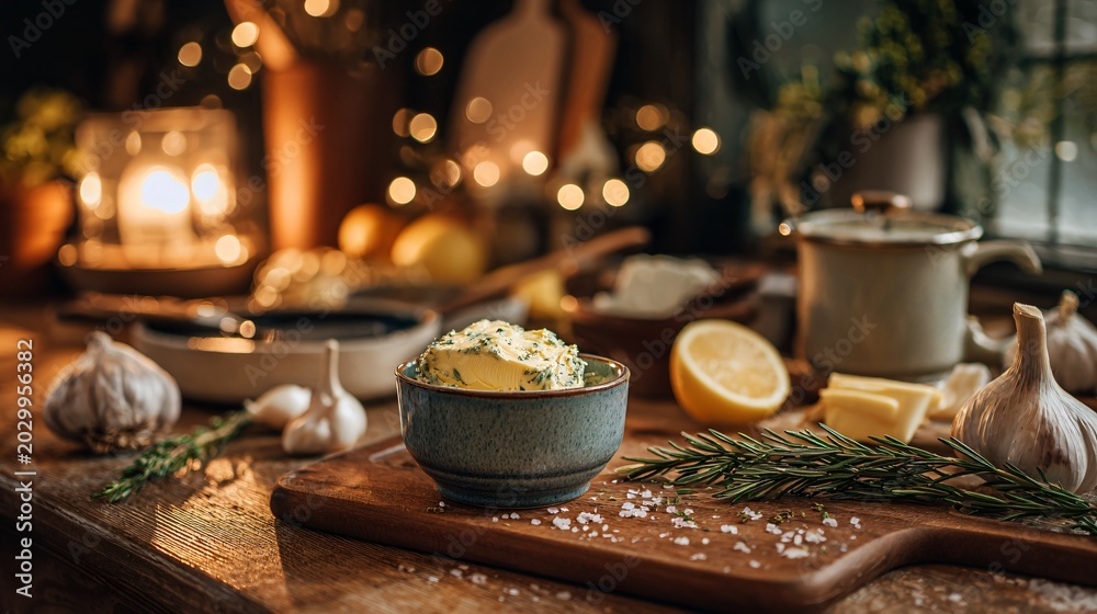 Fototapeta premium A cozy kitchen scene with compound butter in a small dish next to cooking ingredients under warm lighting