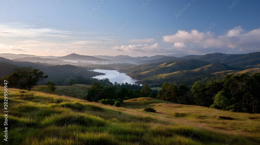 Fototapeta premium A serene landscape of rolling green hills shrouded in morning mist and soft light over a tranquil body of water