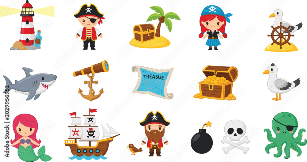 Fototapeta premium Cute Pirate and Mermaid Ocean Adventure Icons Set with Sailing Ship, Captain Characters, Lighthouse, Treasure Chest, Map, Shark, and Seagulls for Kids Designs