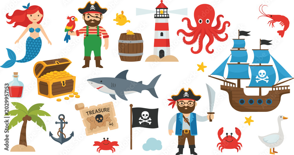 Fototapeta premium Flat Pirate and Mermaid Ocean Adventure Set with Cartoon Sailing Ship, Captain Characters, Lighthouse, Treasure Chest, Map, and Marine Animals for Children Designs