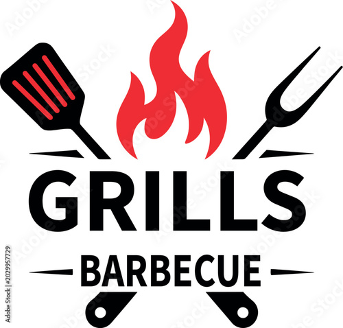 Grills barbecue logo with spatula, fork, and flame