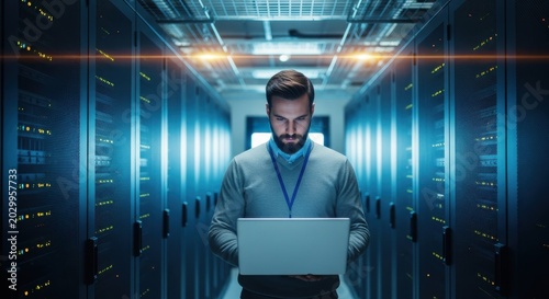 Professional IT Engineer Working on Laptop in Modern Data Center Server Room with Blue Lighting and Network Racks