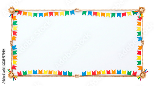 Colorful Festa Junina Bunting and Rope Border with Straw Hats PNG Isolated on transparent background