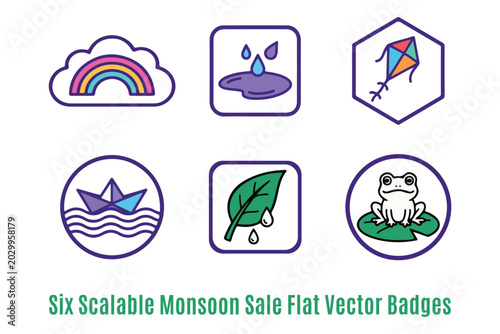 Six Scalable Monsoon Sale Flat Vector Badges Logo-Mark Bundle Design
