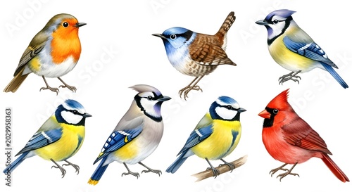 Collection of Colorful Birds Including Finches and Cardinals.