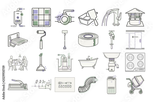 Home Improvement Outline Icons or House Renovation Project Flat Icons